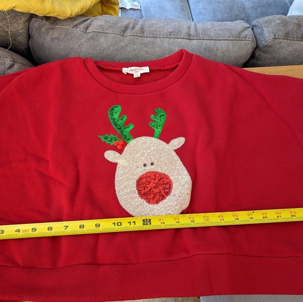 Reindeer Sequin Crewneck Sweatshirt Red Women Crop Christmas Red Nose New Cozy - Picture 4 of 7